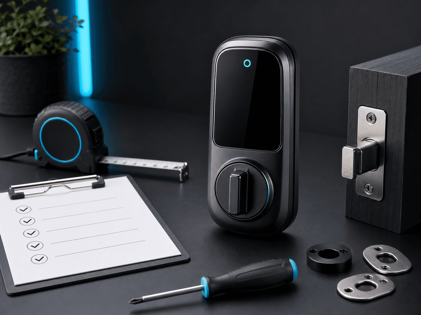 Smart lock buying checklist with measurement tools and retrofit lock hardware